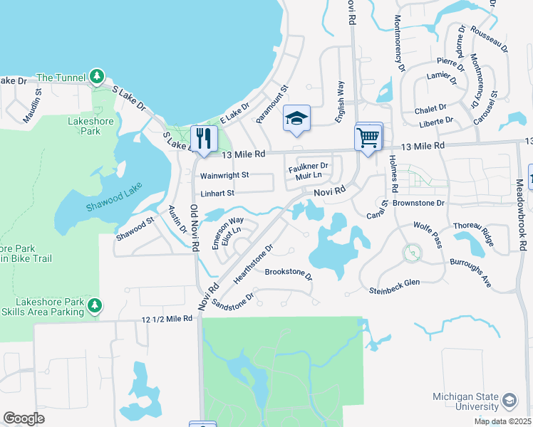 map of restaurants, bars, coffee shops, grocery stores, and more near 29059 Hearthstone Drive in Novi