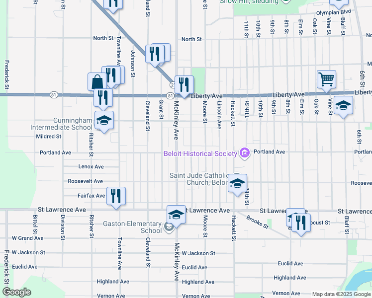 map of restaurants, bars, coffee shops, grocery stores, and more near 1322 Portland Avenue in Beloit