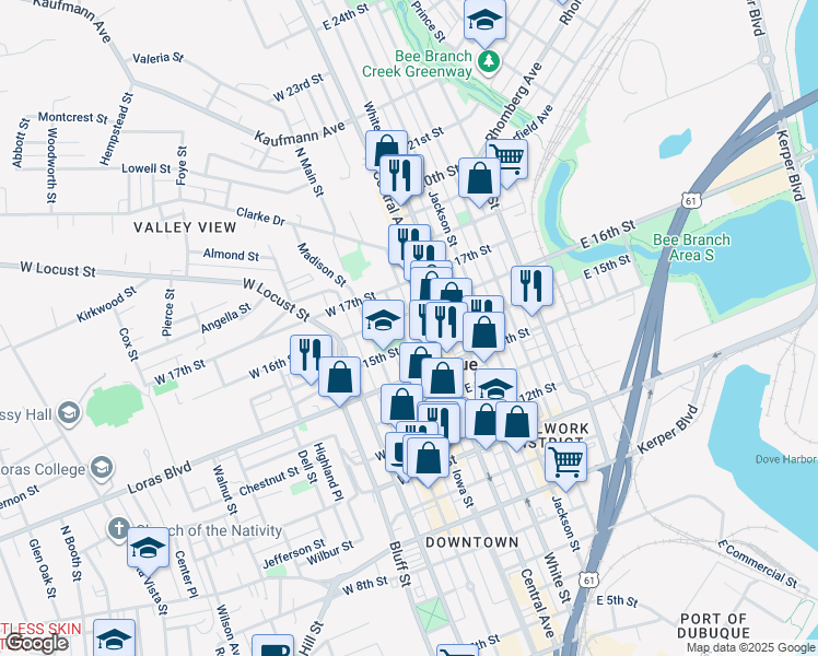 map of restaurants, bars, coffee shops, grocery stores, and more near 1504 Iowa Street in Dubuque