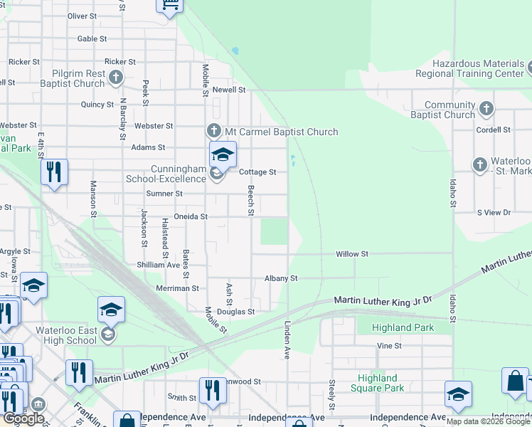 map of restaurants, bars, coffee shops, grocery stores, and more near Oneida Street in Waterloo