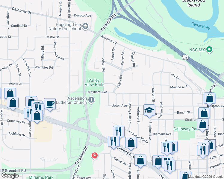 map of restaurants, bars, coffee shops, grocery stores, and more near 411 Hughes Drive in Waterloo