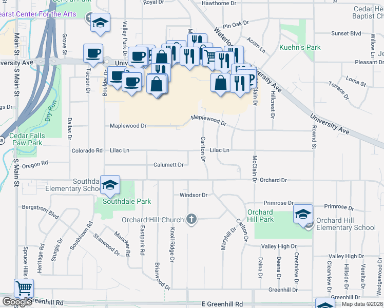map of restaurants, bars, coffee shops, grocery stores, and more near 1000-3426 Calumett Drive in Cedar Falls