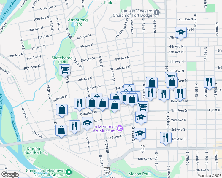 map of restaurants, bars, coffee shops, grocery stores, and more near 149-199 North 9th Street in Fort Dodge