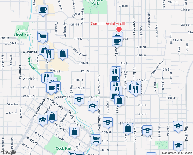map of restaurants, bars, coffee shops, grocery stores, and more near 1524 Grandview Boulevard in Sioux City