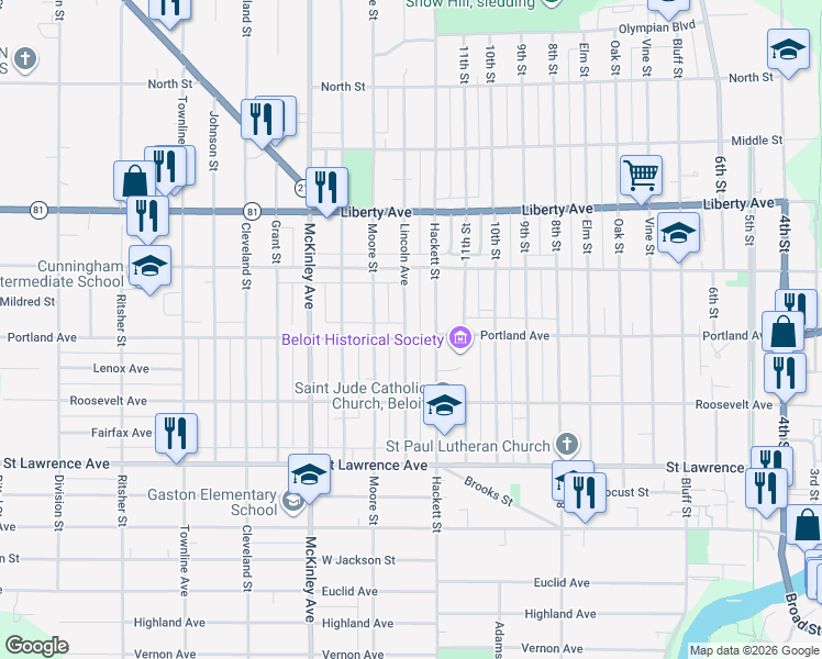 map of restaurants, bars, coffee shops, grocery stores, and more near 858 Hackett Street in Beloit