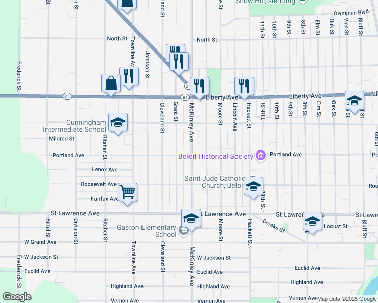 map of restaurants, bars, coffee shops, grocery stores, and more near 1502 Portland Avenue in Beloit