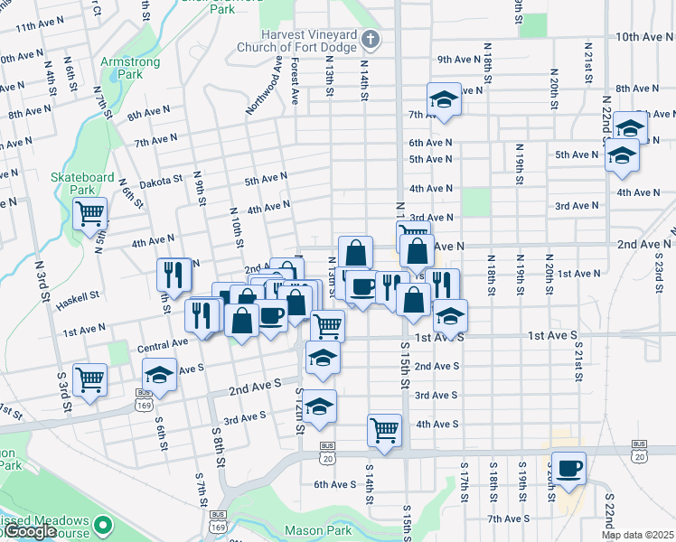 map of restaurants, bars, coffee shops, grocery stores, and more near 1302 1st Avenue North in Fort Dodge