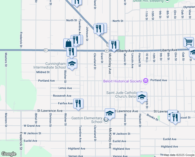 map of restaurants, bars, coffee shops, grocery stores, and more near 1604 Portland Avenue in Beloit