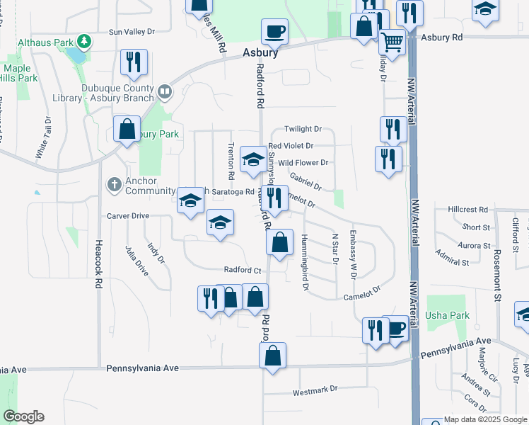 map of restaurants, bars, coffee shops, grocery stores, and more near 2000 Radford Road in Asbury