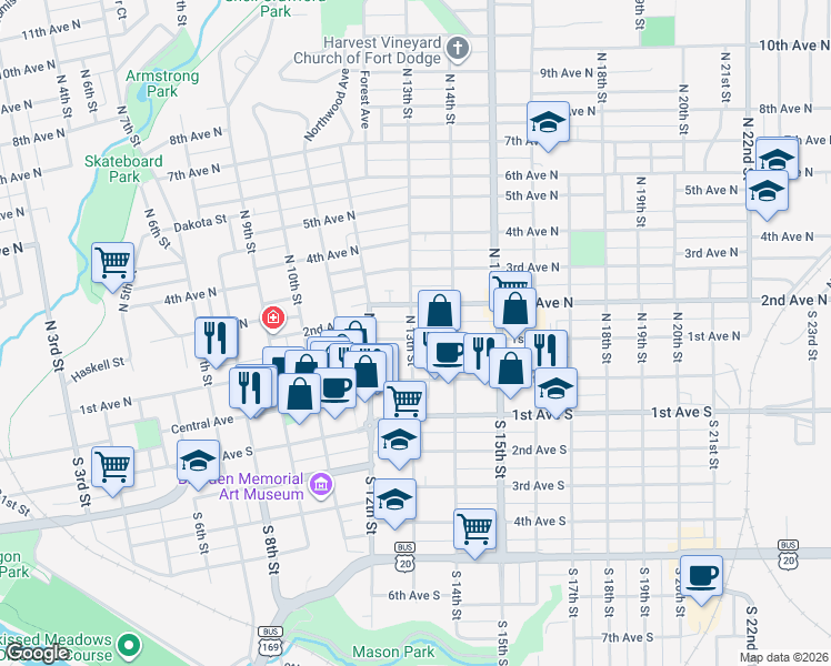 map of restaurants, bars, coffee shops, grocery stores, and more near 105 North 13th Street in Fort Dodge