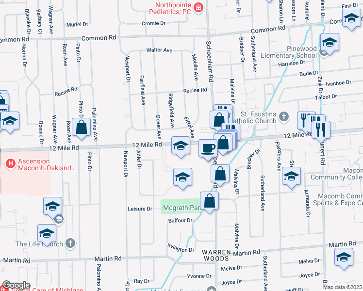 map of restaurants, bars, coffee shops, grocery stores, and more near 13400 East 12 Mile Road in Warren