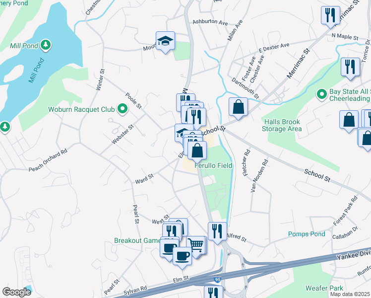 map of restaurants, bars, coffee shops, grocery stores, and more near 86 Elm Street in Woburn