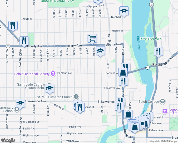 map of restaurants, bars, coffee shops, grocery stores, and more near 502 Portland Avenue in Beloit