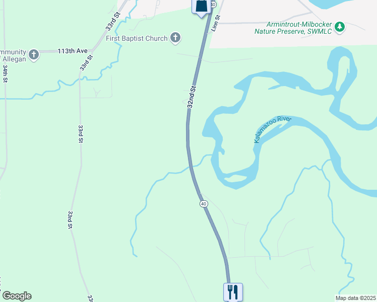 map of restaurants, bars, coffee shops, grocery stores, and more near 1203 32nd Street in Allegan