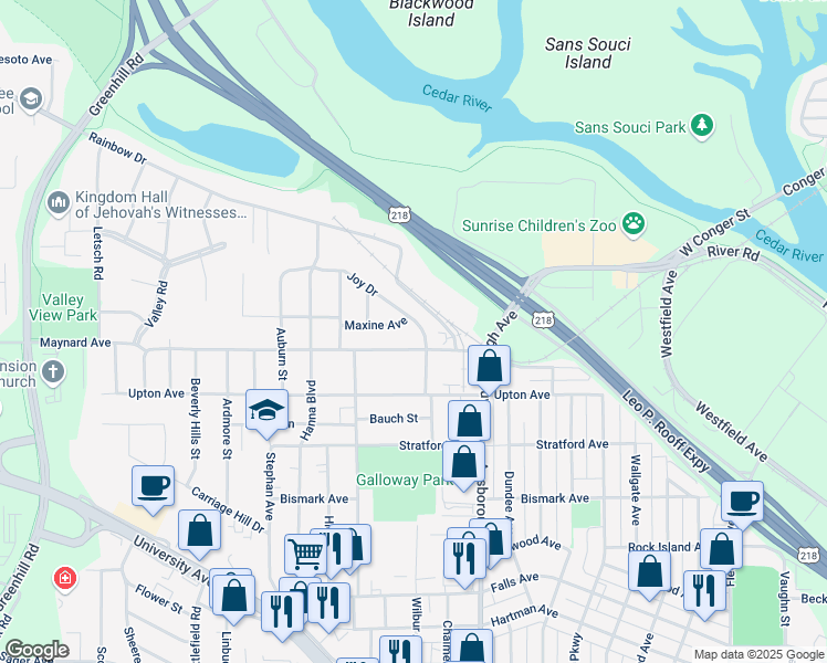 map of restaurants, bars, coffee shops, grocery stores, and more near 346 Joy Drive in Waterloo