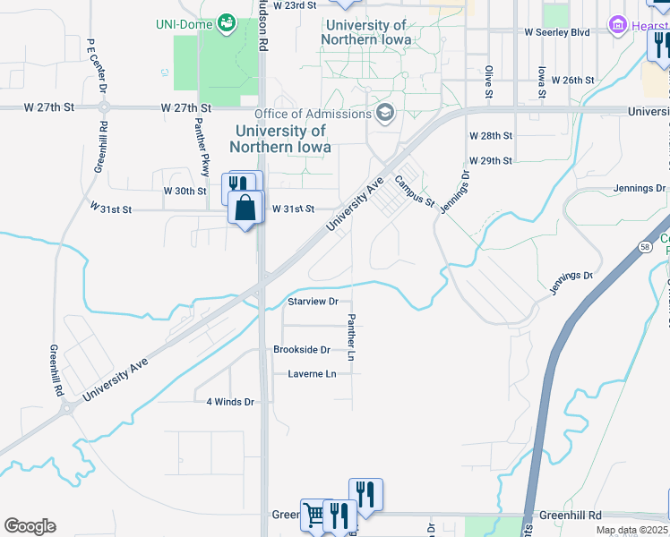 map of restaurants, bars, coffee shops, grocery stores, and more near 3509 Panther Lane in Cedar Falls