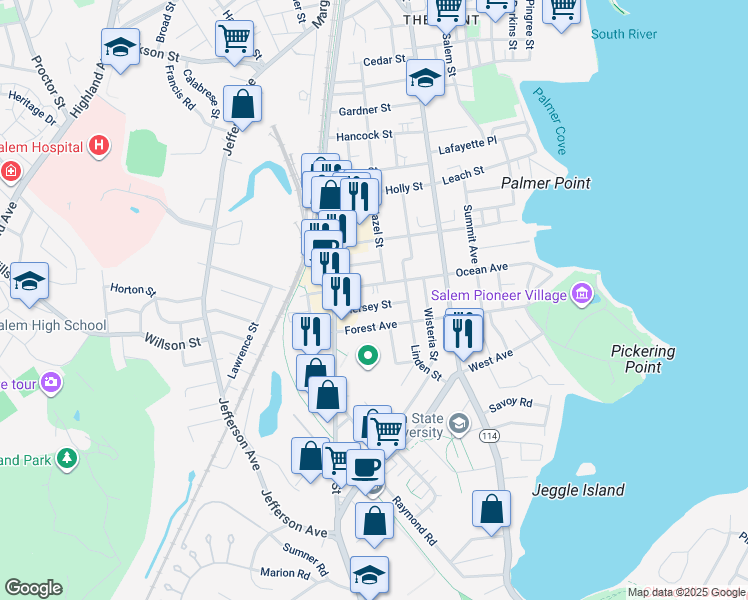 map of restaurants, bars, coffee shops, grocery stores, and more near 13 1/2 Hersey Street in Salem
