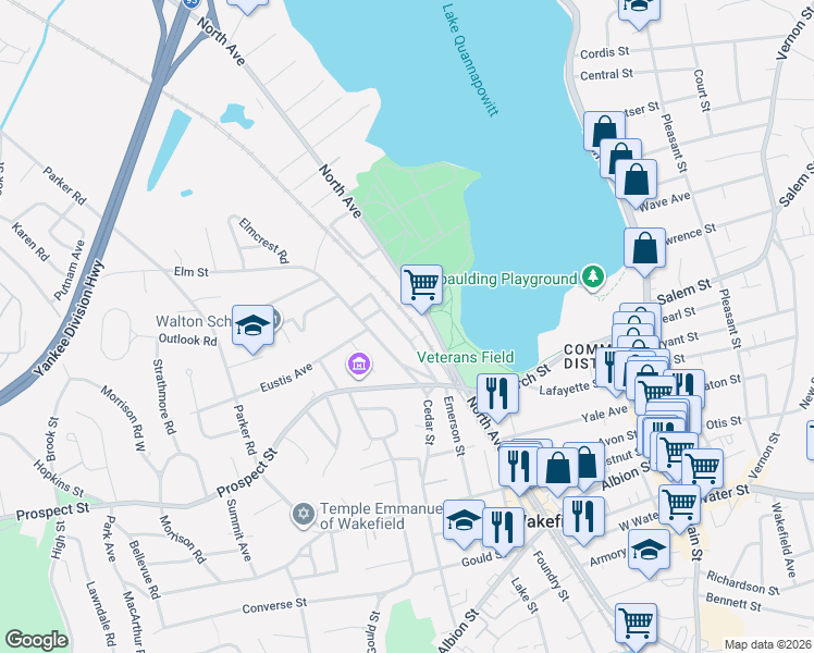 map of restaurants, bars, coffee shops, grocery stores, and more near 480 North Avenue in Wakefield