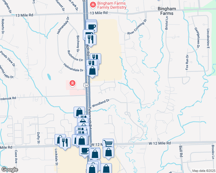 map of restaurants, bars, coffee shops, grocery stores, and more near 24205 Wildbrook Court in Southfield