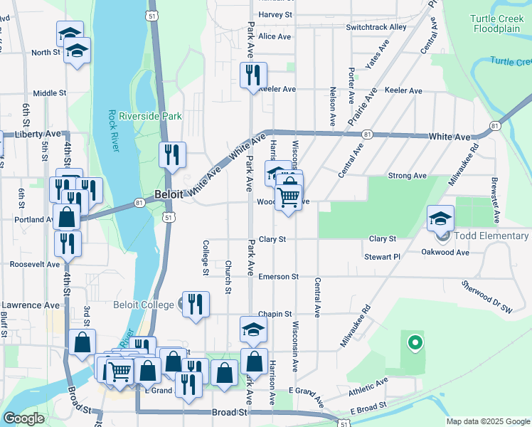 map of restaurants, bars, coffee shops, grocery stores, and more near 917 Park Avenue in Beloit