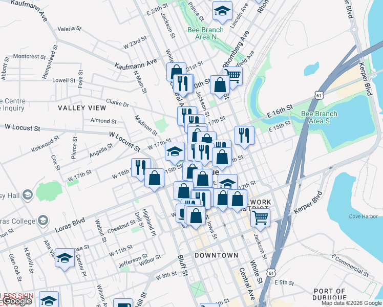 map of restaurants, bars, coffee shops, grocery stores, and more near 1504 Iowa Street in Dubuque