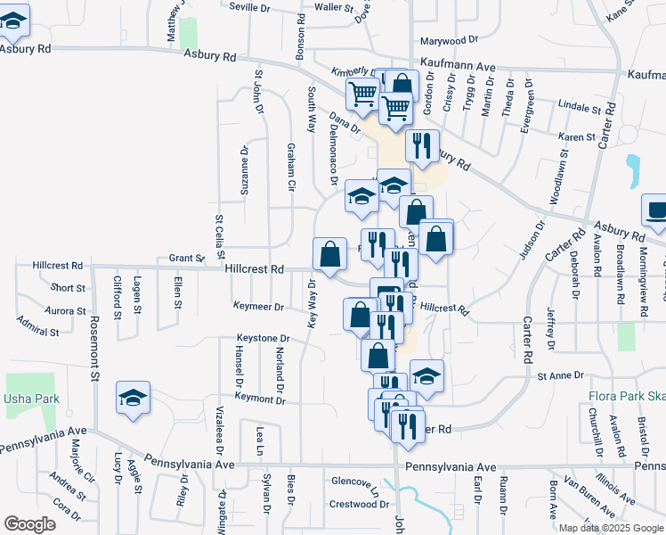 map of restaurants, bars, coffee shops, grocery stores, and more near 3460 Hillcrest Road in Dubuque
