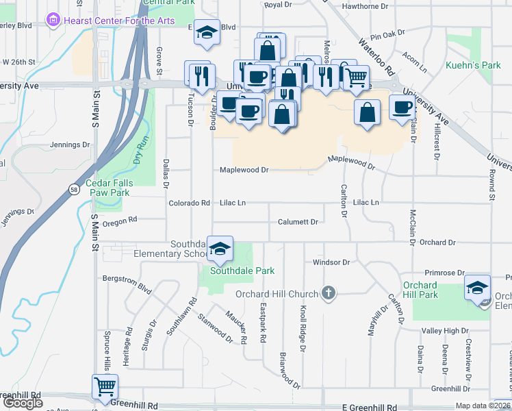 map of restaurants, bars, coffee shops, grocery stores, and more near 830 Calumett Drive in Cedar Falls