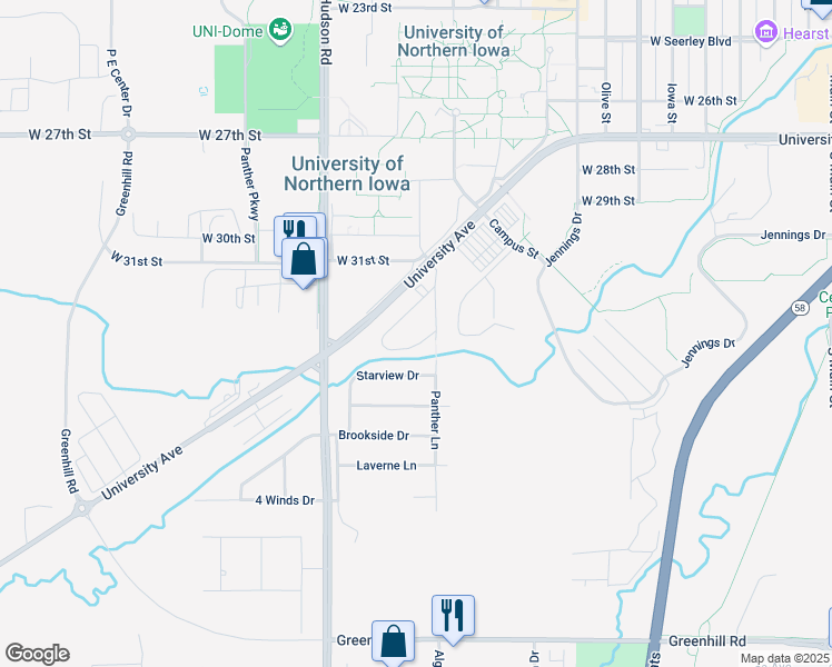 map of restaurants, bars, coffee shops, grocery stores, and more near 3509 Panther Lane in Cedar Falls