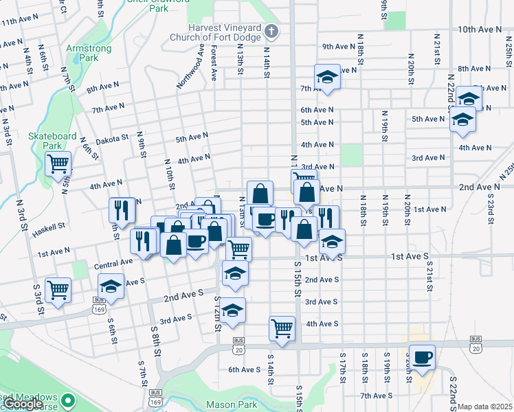 map of restaurants, bars, coffee shops, grocery stores, and more near 1316 1st Avenue North in Fort Dodge