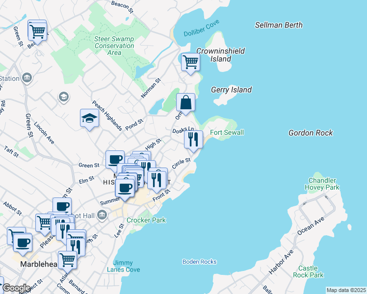 map of restaurants, bars, coffee shops, grocery stores, and more near 1 Selman Street in Marblehead