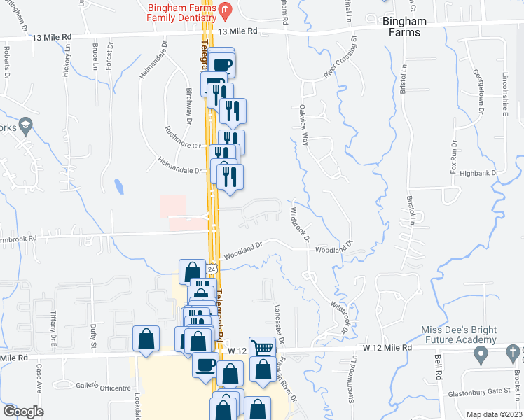 map of restaurants, bars, coffee shops, grocery stores, and more near 24205 Wildbrook Court in Southfield