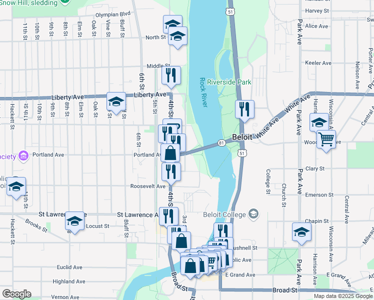 map of restaurants, bars, coffee shops, grocery stores, and more near 65 Wisconsin 81 Trunk in Beloit