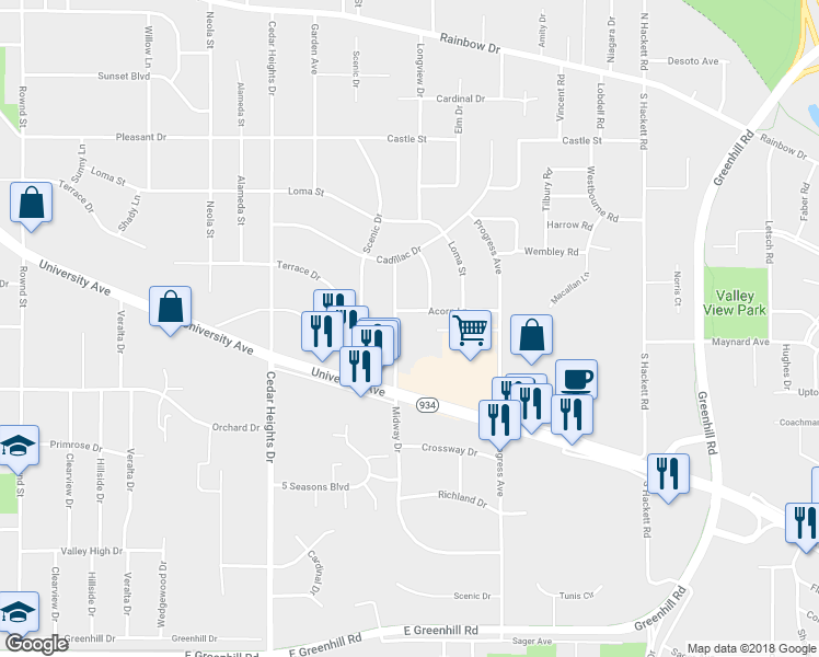 map of restaurants, bars, coffee shops, grocery stores, and more near 3316 Midway Drive in Waterloo