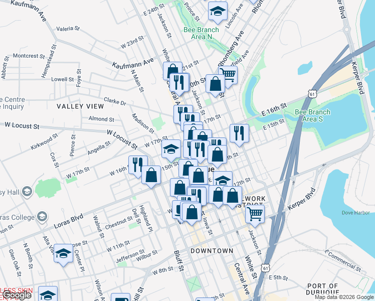 map of restaurants, bars, coffee shops, grocery stores, and more near 1504 Iowa Street in Dubuque