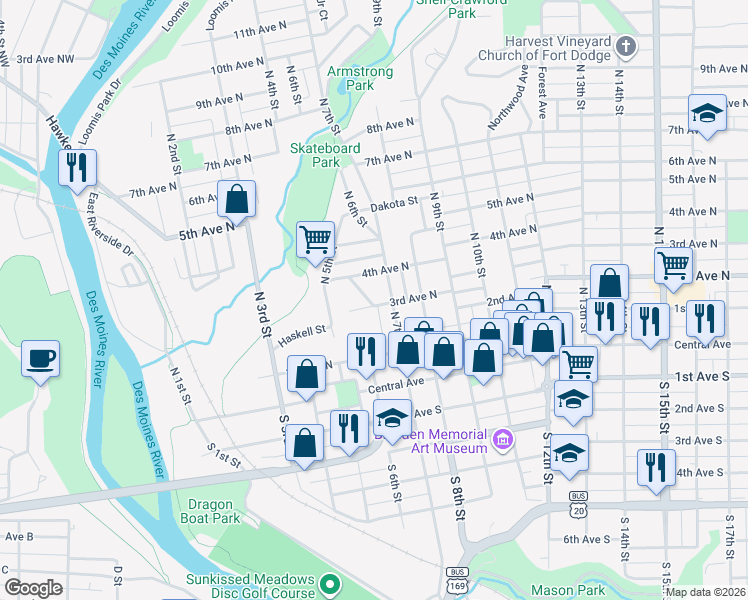 map of restaurants, bars, coffee shops, grocery stores, and more near 702 3rd Avenue North in Fort Dodge