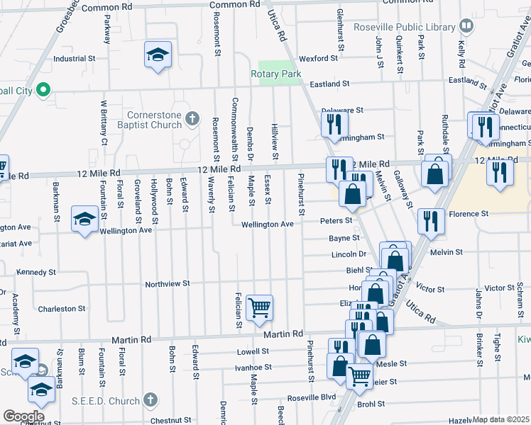map of restaurants, bars, coffee shops, grocery stores, and more near 28704 Maple Street in Roseville