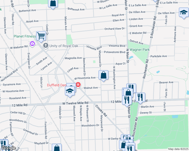 map of restaurants, bars, coffee shops, grocery stores, and more near 524 West Houstonia Avenue in Royal Oak