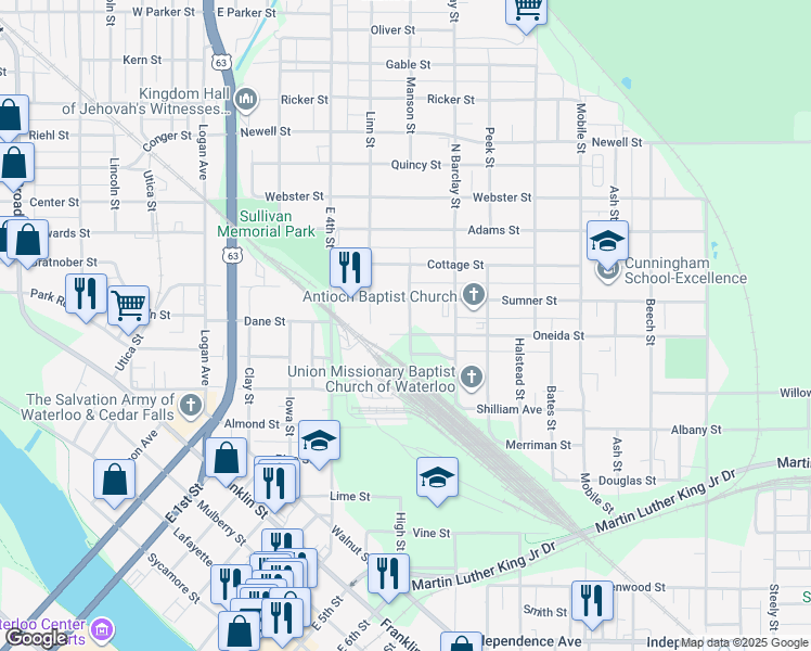 map of restaurants, bars, coffee shops, grocery stores, and more near 205 Manson Street in Waterloo
