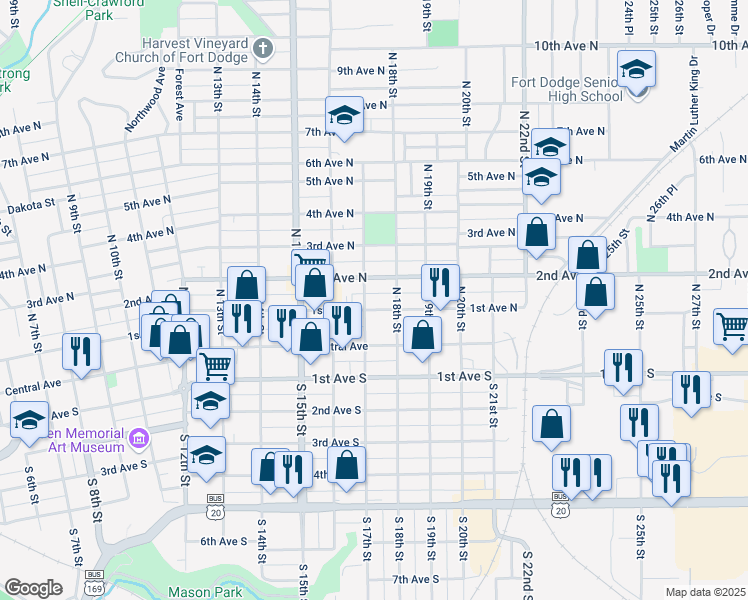 map of restaurants, bars, coffee shops, grocery stores, and more near 1707 1st Avenue North in Fort Dodge
