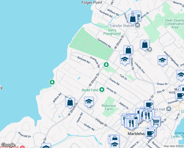 map of restaurants, bars, coffee shops, grocery stores, and more near 98 Rockland Road in Marblehead