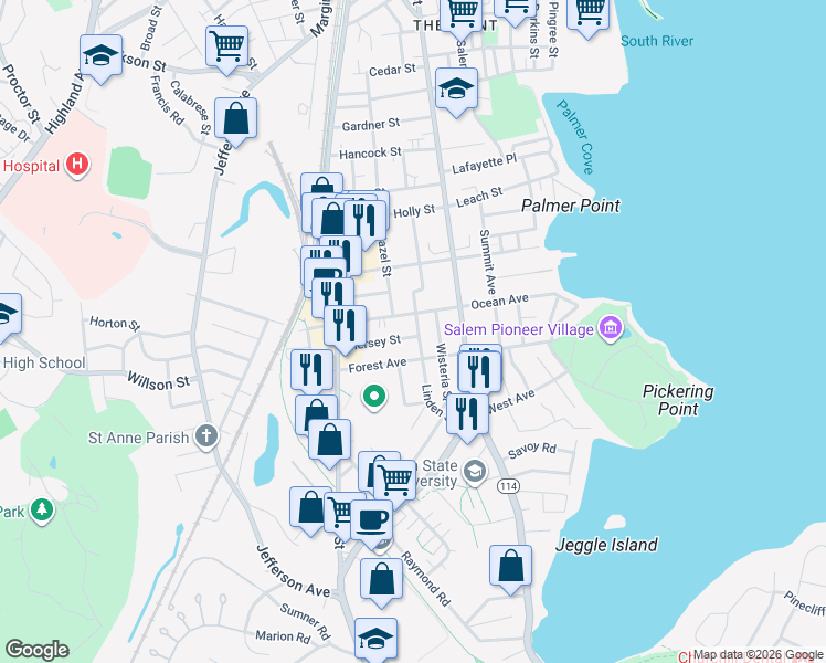 map of restaurants, bars, coffee shops, grocery stores, and more near 54 Linden Street in Salem