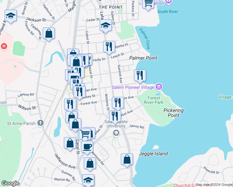 map of restaurants, bars, coffee shops, grocery stores, and more near 3 Clifton Avenue in Salem
