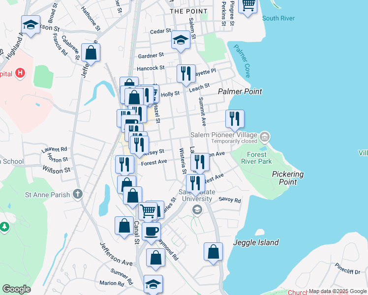 map of restaurants, bars, coffee shops, grocery stores, and more near 310 Lafayette Street in Salem