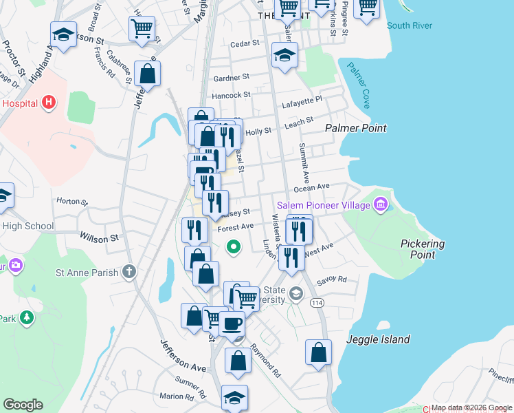 map of restaurants, bars, coffee shops, grocery stores, and more near 54 Linden Street in Salem