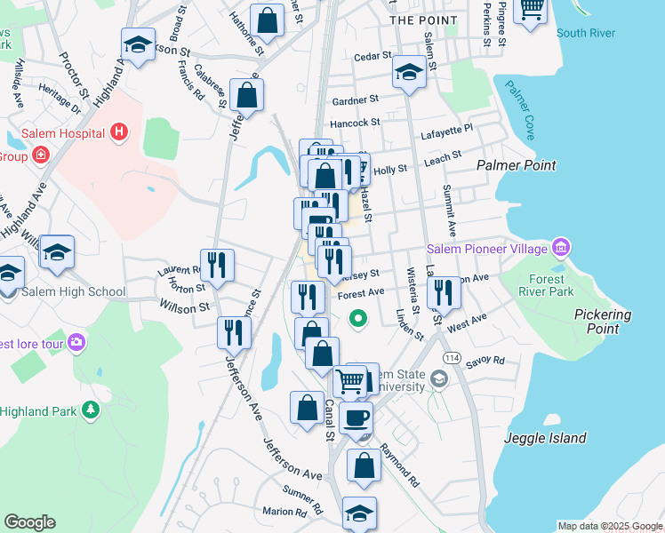map of restaurants, bars, coffee shops, grocery stores, and more near 201 Canal Street in Salem