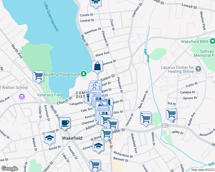 map of restaurants, bars, coffee shops, grocery stores, and more near 16 Bryant Street in Wakefield