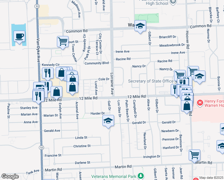 map of restaurants, bars, coffee shops, grocery stores, and more near 29012 Lorraine Avenue in Warren