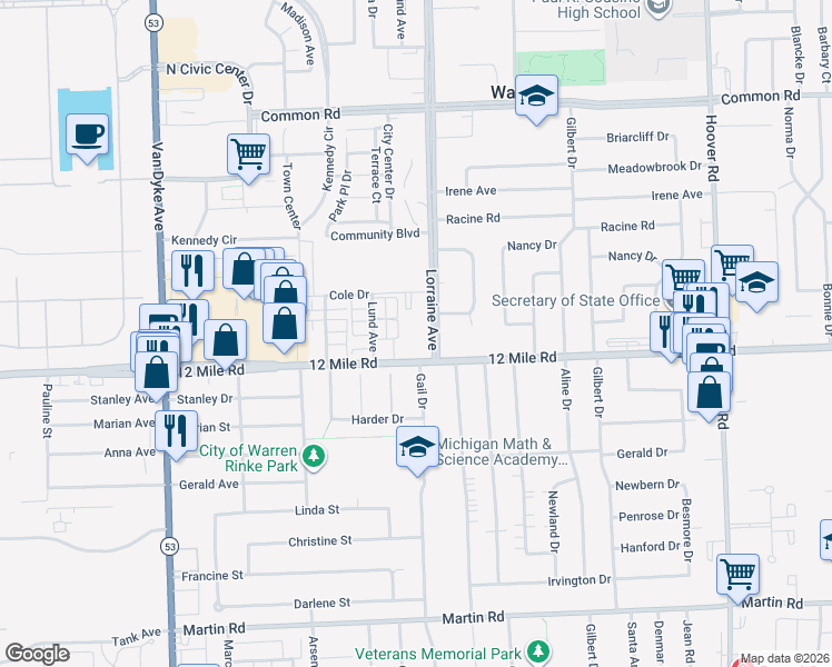 map of restaurants, bars, coffee shops, grocery stores, and more near in Warren