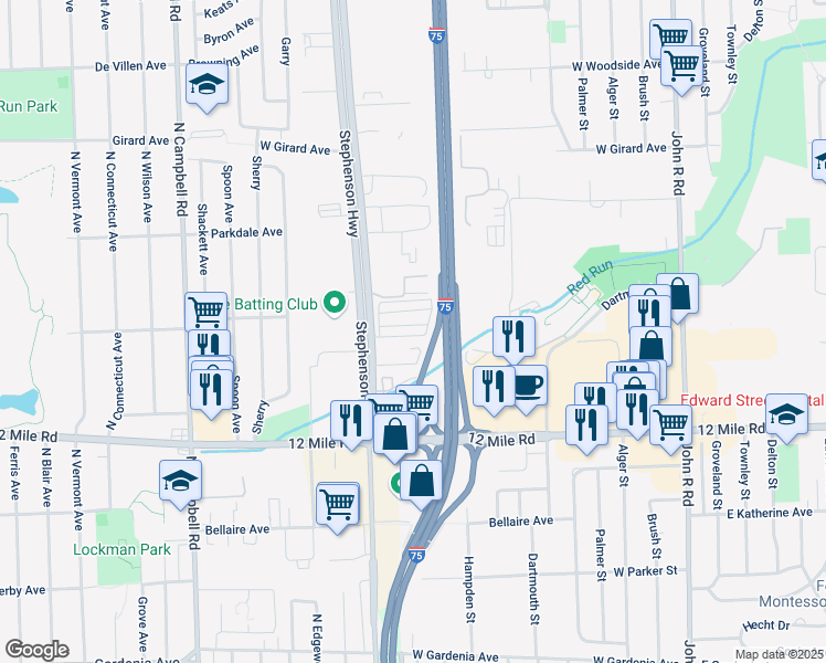 map of restaurants, bars, coffee shops, grocery stores, and more near 1020 Helen Court in Madison Heights