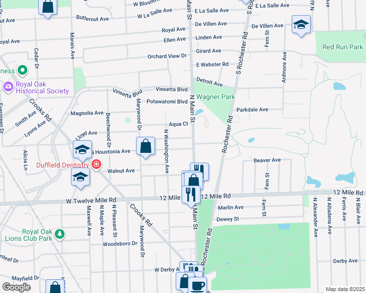 map of restaurants, bars, coffee shops, grocery stores, and more near 215 West Houstonia Avenue in Royal Oak